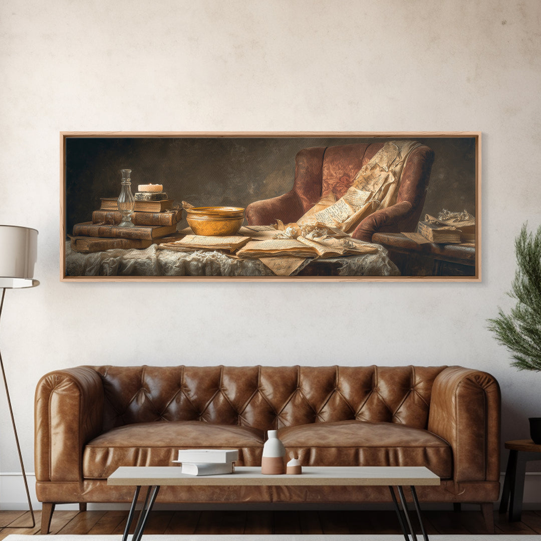Cozy Reading Chair Still Life Without Room Framed Canvas Print, Bookstore Art, Urban Wall Art, Bookstore Decor, Literary, BOO-3x1-69