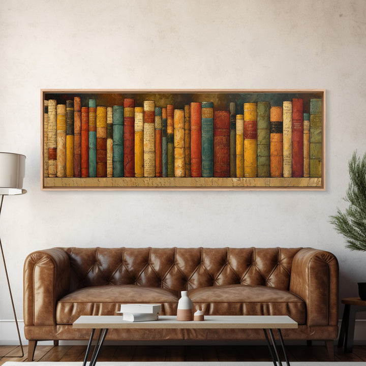 Classic Book Spine Pattern Framed Canvas Print, Bookstore Art, Printable Wall Art, Bookstore Decor, Fine Art, Literary, BOO-3x1-84