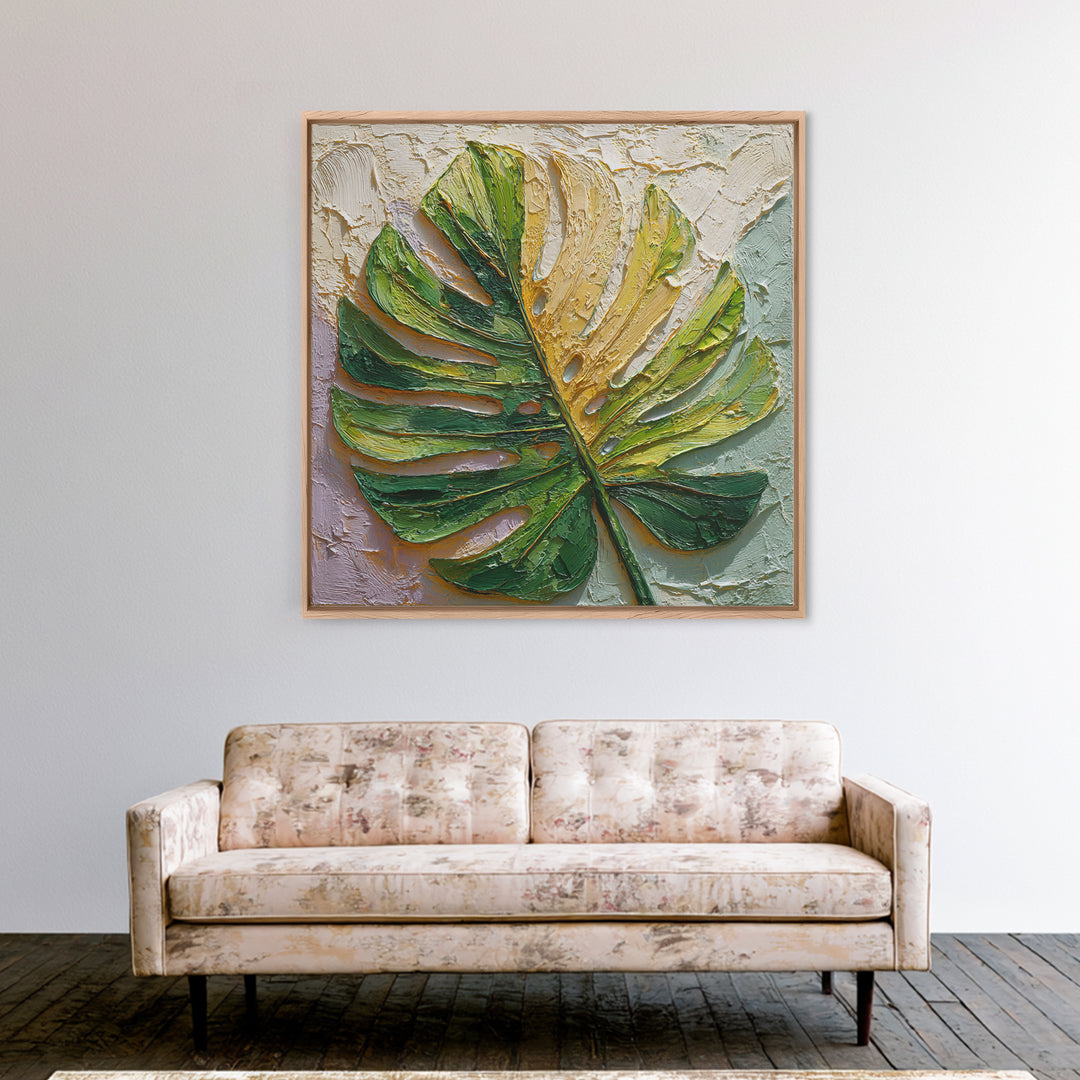 Oversized Monstera Leaf Framed Canvas Print, Botanical Art, Whimsical Decor, Living Room Decor, Oil Painting, Botanic, BOT-1x1-2