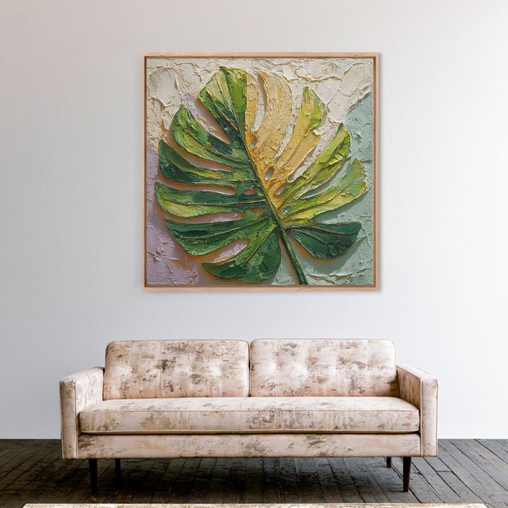 Oversized Monstera Leaf Framed Canvas Print, Botanical Art, Whimsical Decor, Living Room Decor, Oil Painting, Botanic, BOT-1x1-2