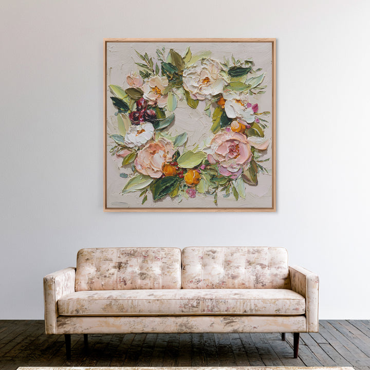 Botanical Wreath with Leaves Berries and Flowers Canvas Print, Botanical Art, Boho Wall Art, Living Room Decor, Botanic, BOT-1x1-24