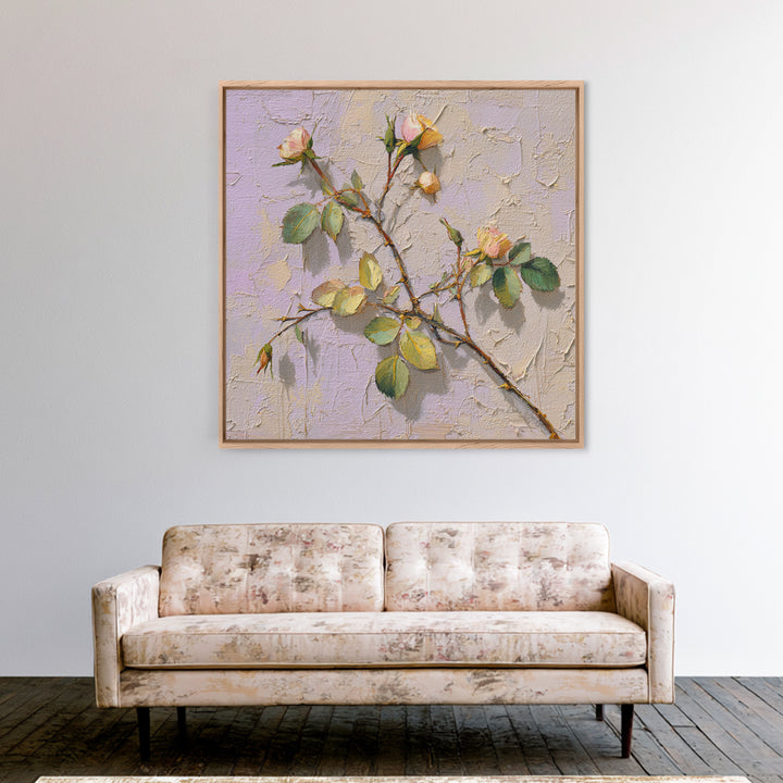 Wild Rose Branch Framed Canvas Print, Botanical Art, Sage Green Wall Art, Living Room Decor, Oil Painting, Botanic, BOT-1x1-70