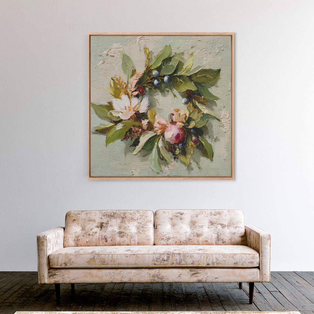 Botanical Wreath with Leaves Berries and Flowers Framed Canvas Print, Botanical Art, Art Print, Living Room Decor, Botanic, BOT-1x1-96
