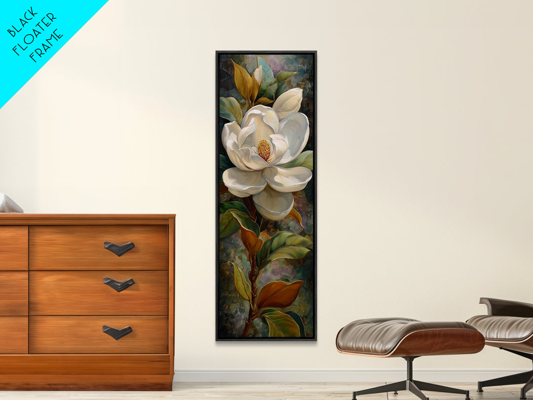 Dramatic White Magnolia on Dark Background Canvas Print, Botanical Art, Neutral Decor, Living Room Decor, Oil Painting, Botanic, BOT-1x3-18