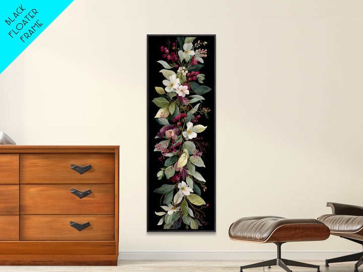Botanical Wreath with Leaves Berries and Flowers Canvas Print, Botanical Art, Oil Painting, Living Room Decor, Botanic, BOT-1x3-60