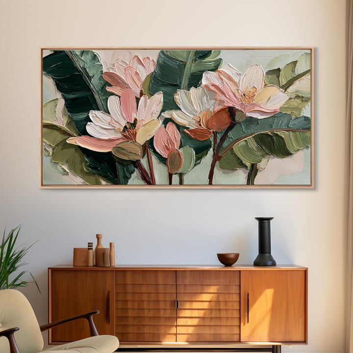Tropical Banana Leaf Painted Framed Canvas Print, Botanical Art, Whimsical Decor, Living Room Decor, Oil Painting, Botanic, BOT-2x1-100