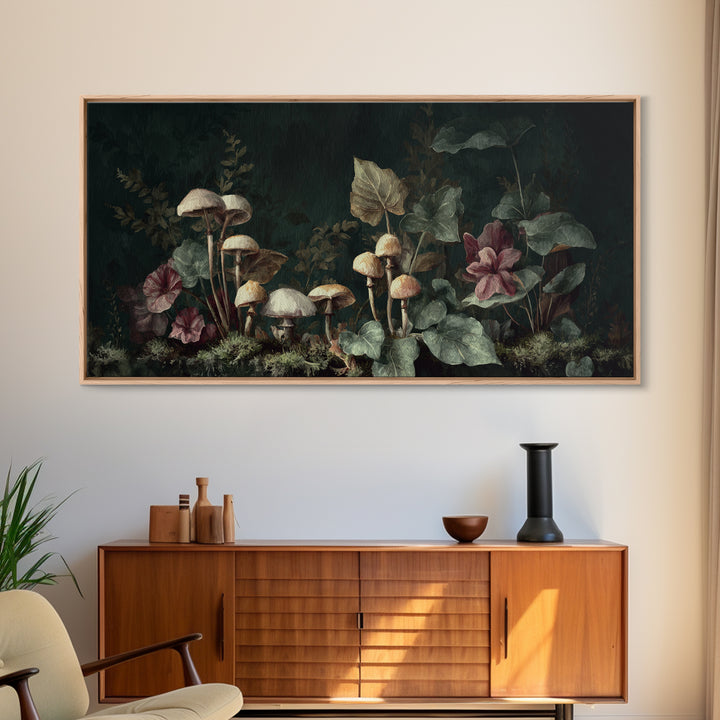 Mushrooms and Moss Botanical Field Study Framed Canvas Print, Botanical Art, Living Room Decor, Watercolor Art, Botanic, BOT-2x1-29