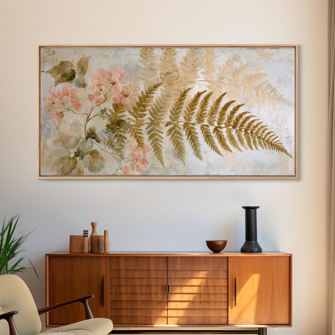 Fern Shadow Pattern on Plaster Surface Framed Canvas Print, Botanical Art, Living Room Decor, Oil Painting, Botanic, BOT-2x1-43