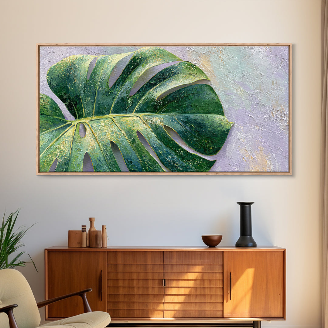 Oversized Monstera Leaf Framed Canvas Print, Botanical Art, Poster, Living Room Decor, Fine Art, Botanic, Art Nouveau, BOT-2x1-46