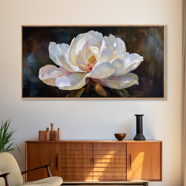 Dramatic White Magnolia on Dark Background Framed Canvas Print, Botanical Art, Art, Living Room Decor, Oil Painting, Botanic, BOT-2x1-50