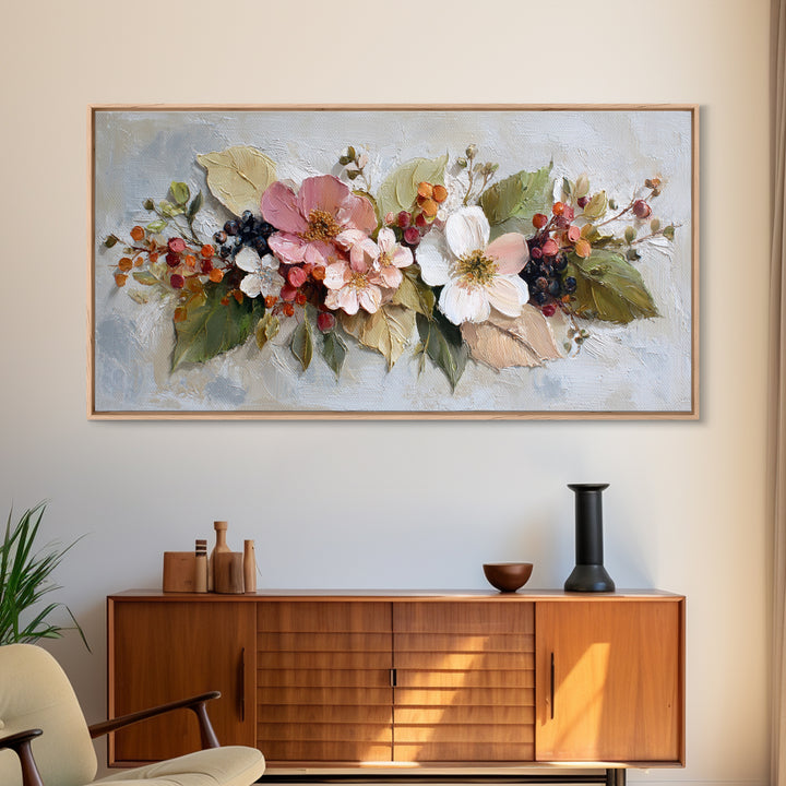 Botanical Wreath with Leaves Berries and Flowers Canvas Print, Botanical Art, Wall Art Prints, Living Room Decor, Botanic, BOT-2x1-68