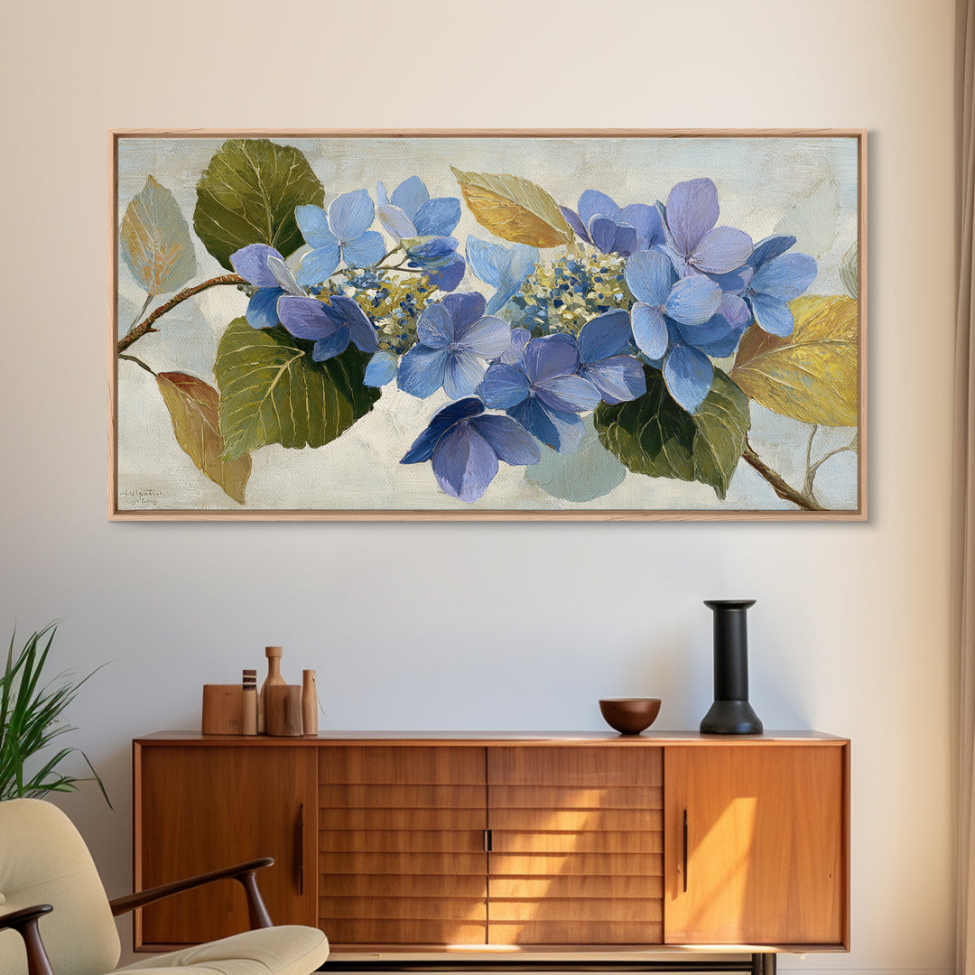 Blue Hydrangea Cluster Framed Canvas Print, Botanical Art, Art Print, Living Room Decor, Fine Art, Botanic, Digital Print, BOT-2x1-86