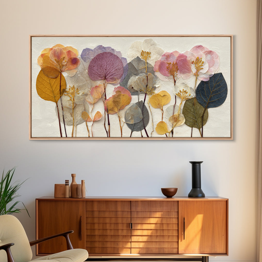 Pressed Flower Collage Framed Canvas Print, Botanical Art, Living Room Decor, Botanic, Fine Art Print, Statement Artwork, BOT-2x1-96