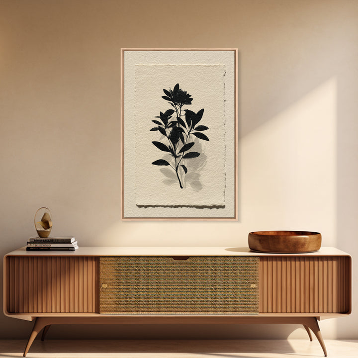 Black Ink Botanical Silhouette on Cream Paper Canvas Print, Botanical Art, Living Room Decor, Watercolor Art, Botanic, BOT-2x3-29