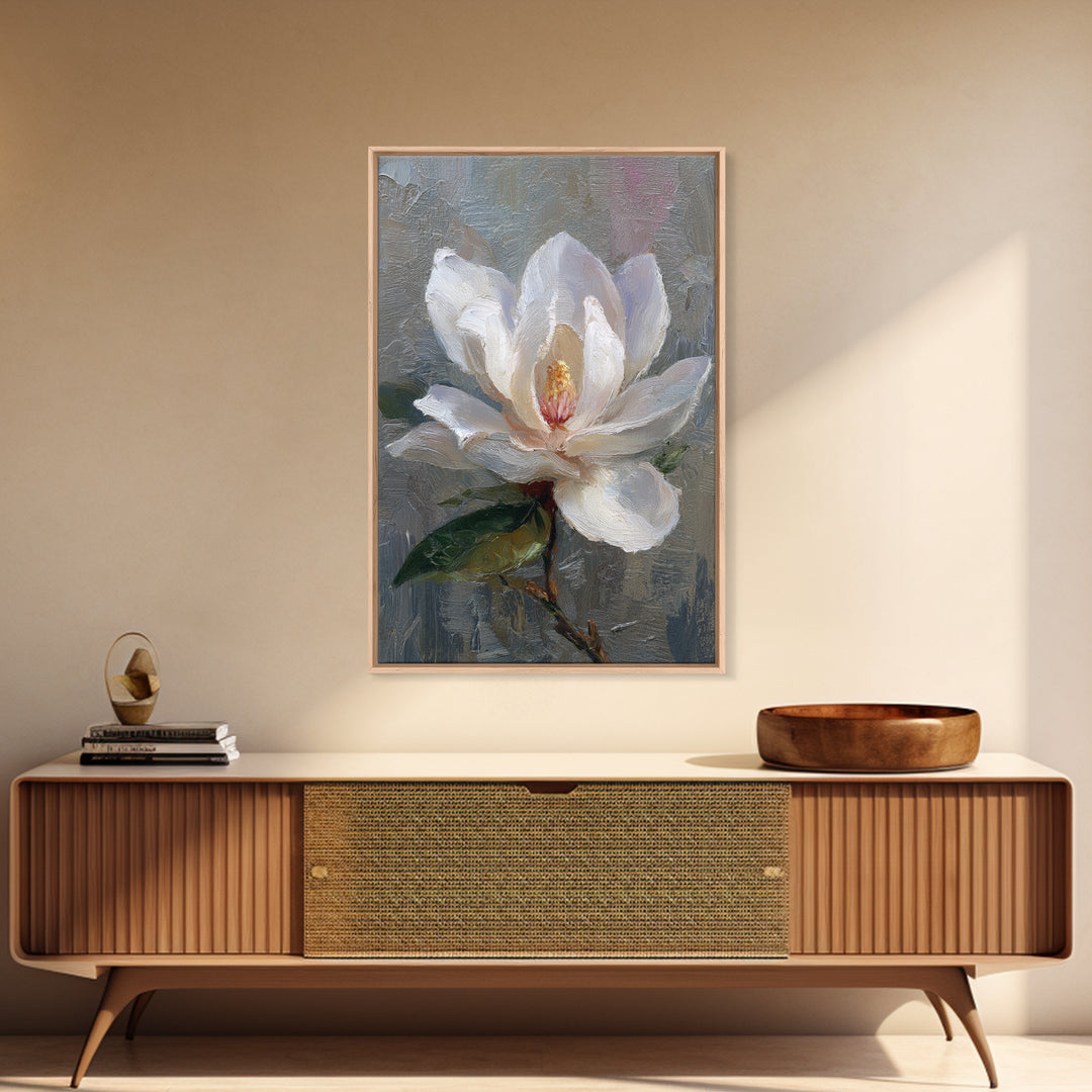Dramatic White Magnolia on Dark Background Framed Canvas Print, Botanical Art, Art Print, Living Room Decor, Fine Art, Botanic, BOT-2x3-38