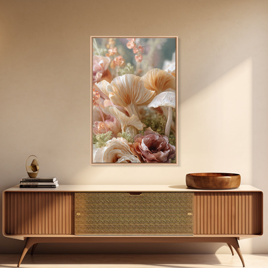 Mushrooms and Moss Botanical Field Study Framed Canvas Print, Botanical Art, Oil Painting, Living Room Decor, Fine Art, Botanic, BOT-2x3-41