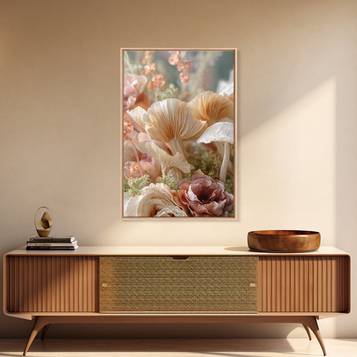 Mushrooms and Moss Botanical Field Study Framed Canvas Print, Botanical Art, Oil Painting, Living Room Decor, Fine Art, Botanic, BOT-2x3-41