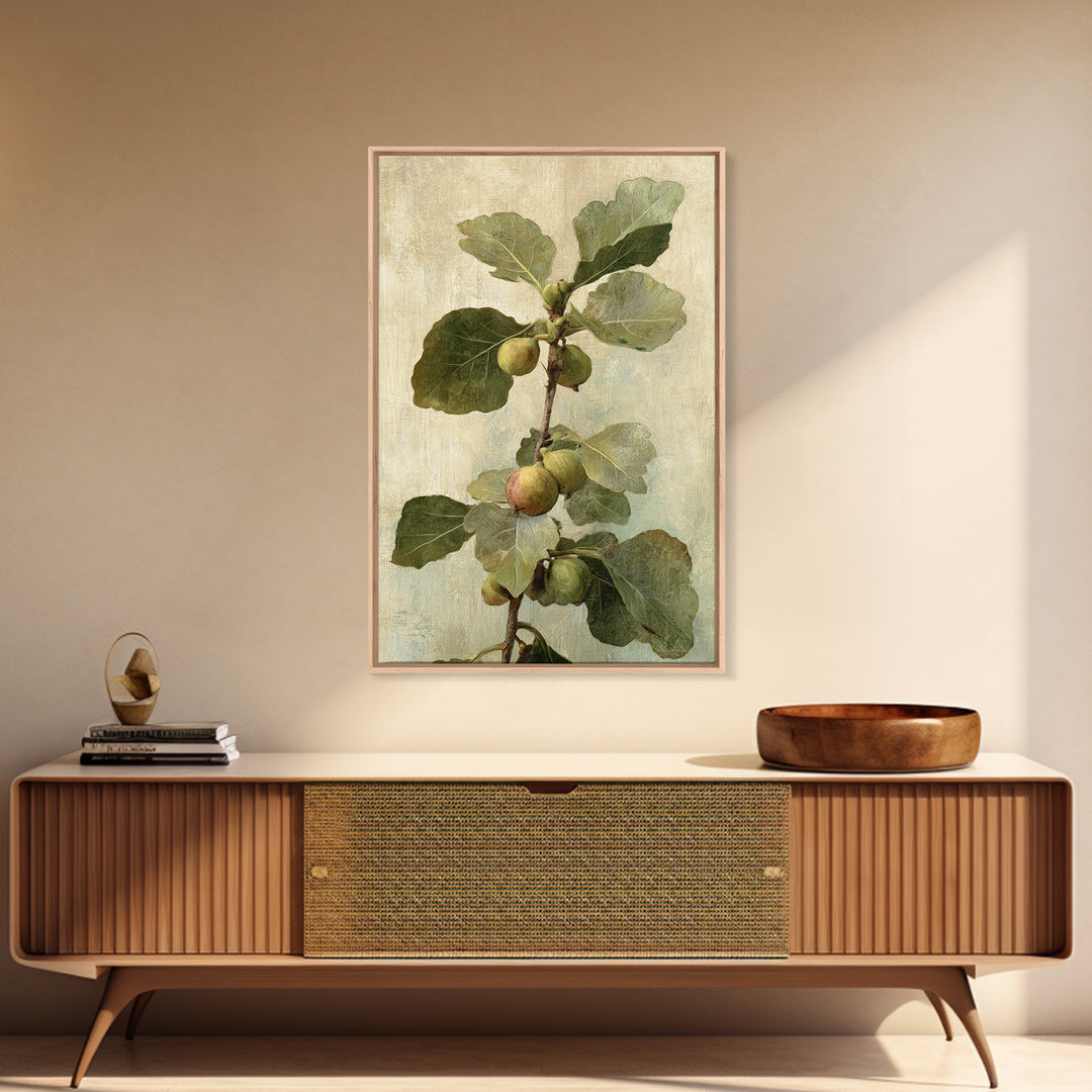 Fig Branch with Fruit and Broad Leaves Framed Canvas Print, Botanical Art, Oil Painting, Living Room Decor, Fine Art, Botanic, BOT-2x3-47