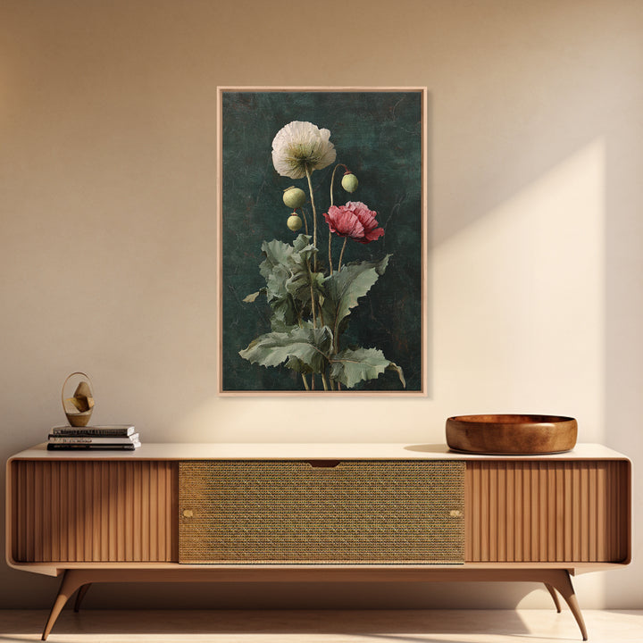 Poppy Field Botanical Study Framed Canvas Print, Botanical Art, Printable Art, Living Room Decor, Watercolor Art, Botanic, BOT-2x3-73
