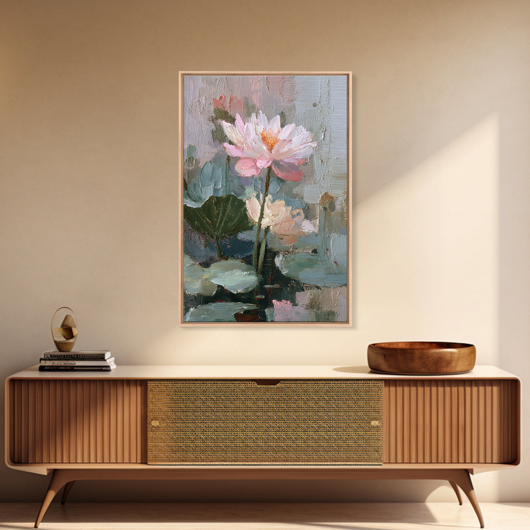 Lotus Flower and Lily Pads on Still Framed Canvas Print, Botanical Art, Living Room Decor, Watercolor Art, Botanic, BOT-2x3-75