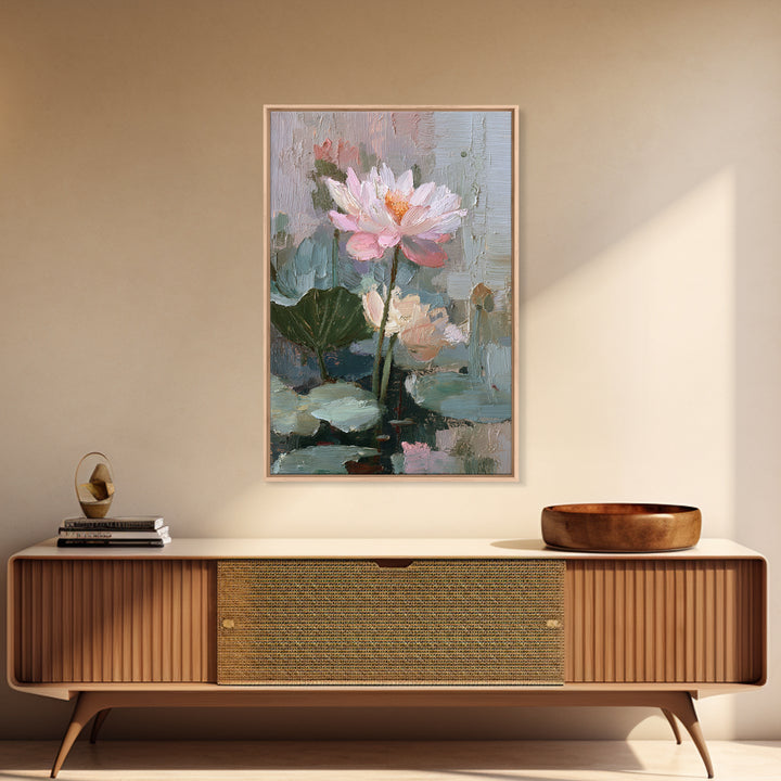 Lotus Flower and Lily Pads on Still Framed Canvas Print, Botanical Art, Living Room Decor, Watercolor Art, Botanic, BOT-2x3-75