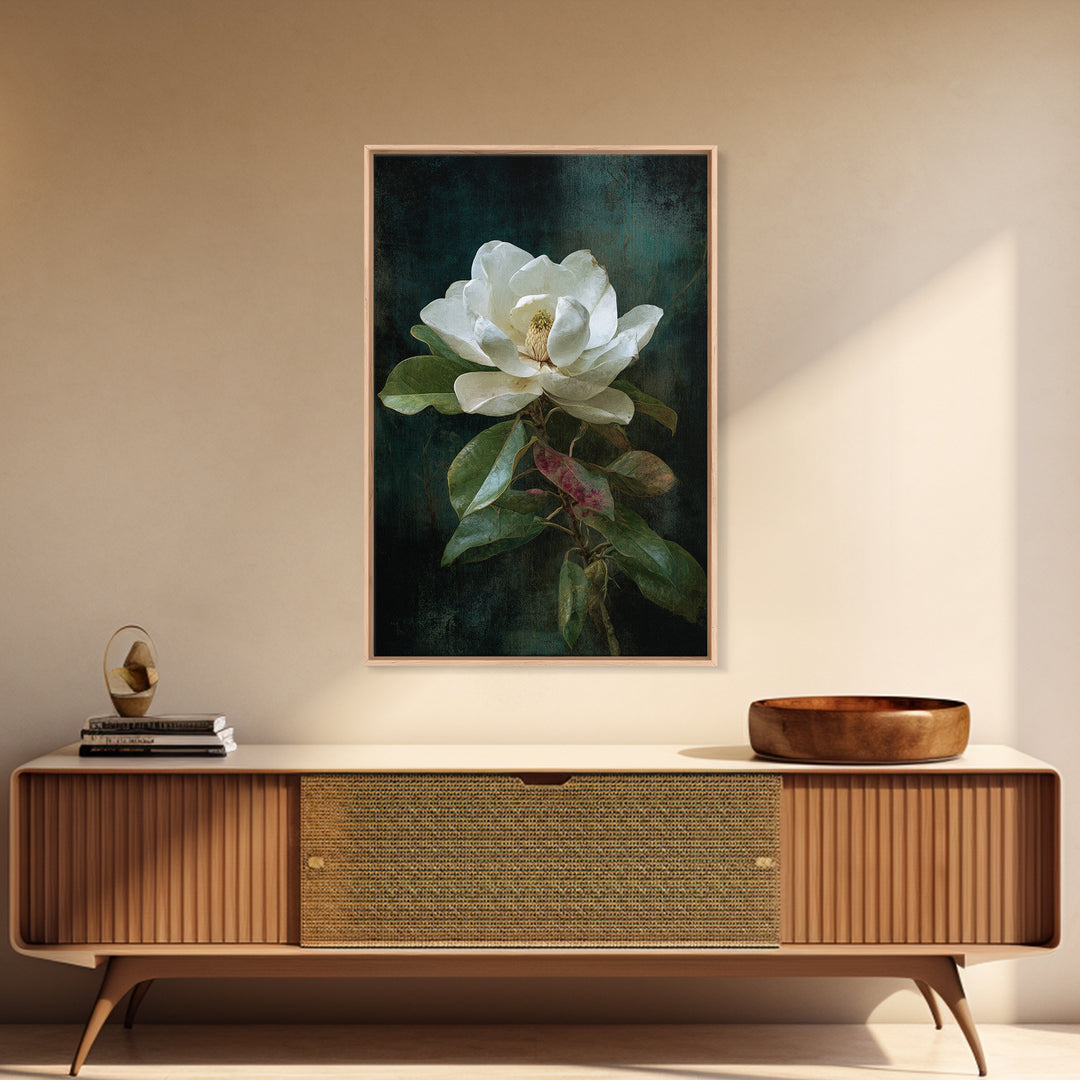 Dramatic White Magnolia on Dark Background Canvas Print, Botanical Art, Oil Painting, Living Room Decor, Fine Art, Botanic, BOT-2x3-86