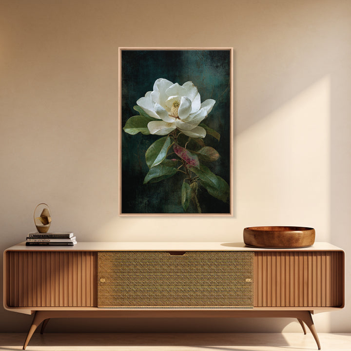 Dramatic White Magnolia on Dark Background Canvas Print, Botanical Art, Oil Painting, Living Room Decor, Fine Art, Botanic, BOT-2x3-86