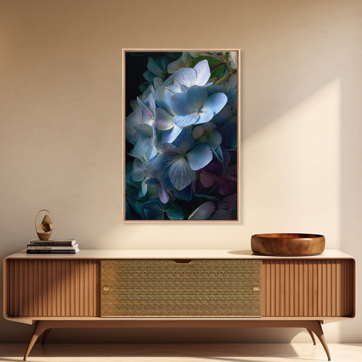 Blue Hydrangea Cluster Framed Canvas Print, Botanical Art, Wall Art Prints, Living Room Decor, Watercolor Art, Botanic, BOT-2x3-98