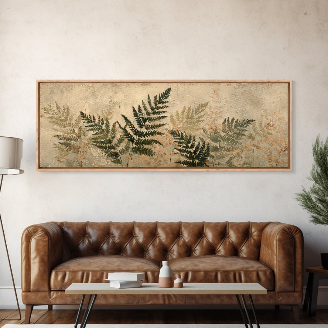 Fern Shadow Pattern on Plaster Surface Framed Canvas Print, Botanical Art, Gallery Decor, Living Room Decor, Fine Art, Botanic, BOT-3x1-15