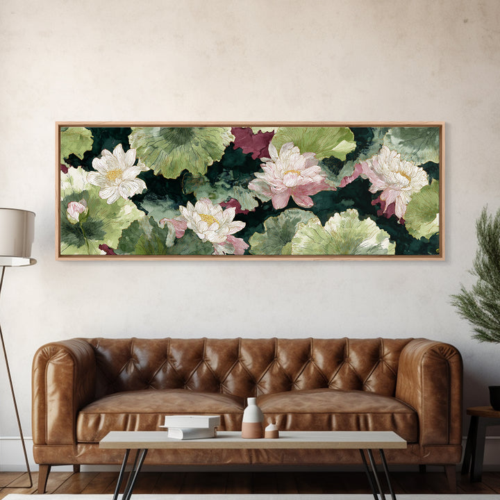 Lotus Flower and Lily Pads on Still Canvas Print, Botanical Art, Minimalist Decor, Living Room Decor, Oil Painting, Botanic, BOT-3x1-35