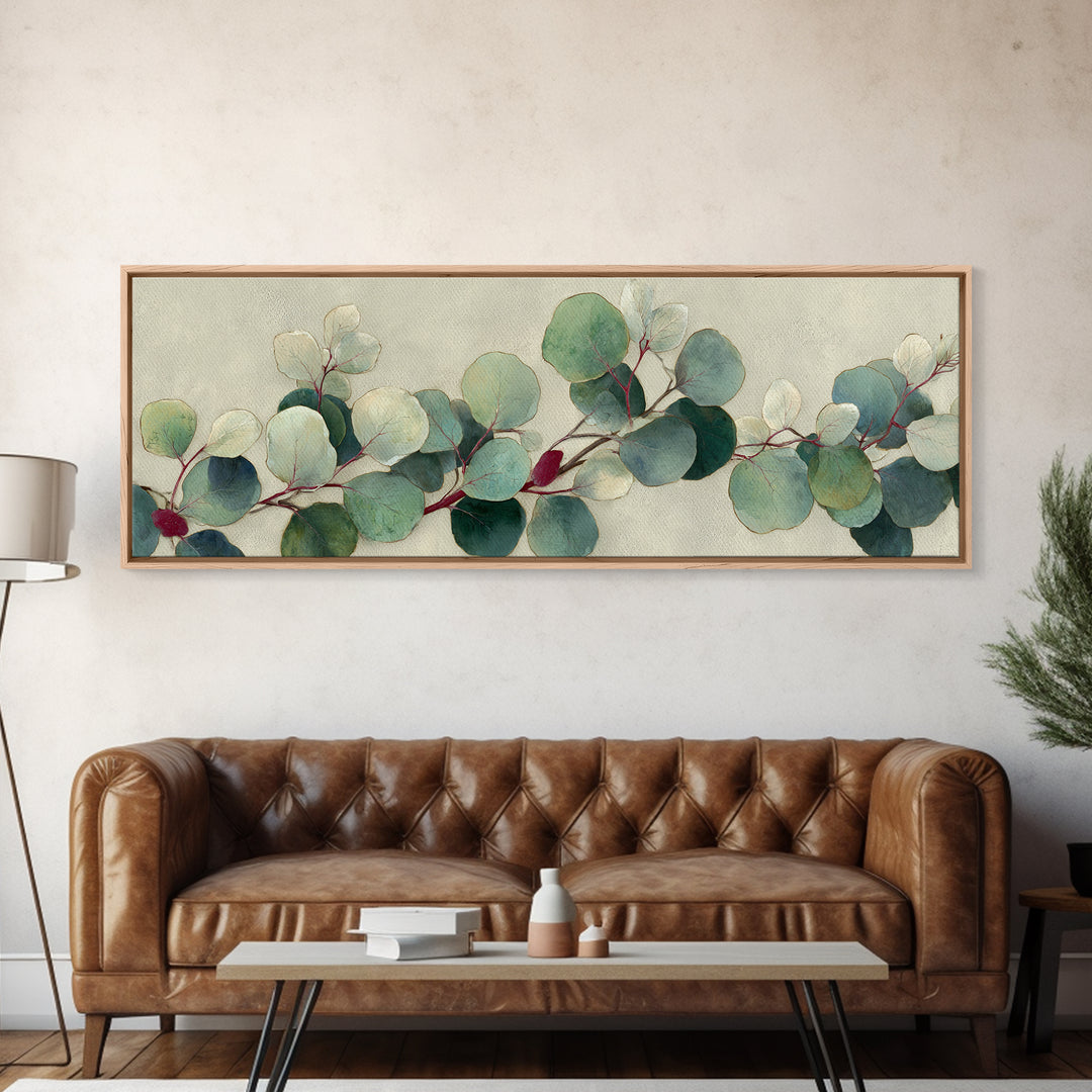 Eucalyptus Stems in Soft Sage Tones Framed Canvas Print, Botanical Art, Living Room Decor, Oil Painting, Botanic, BOT-3x1-51