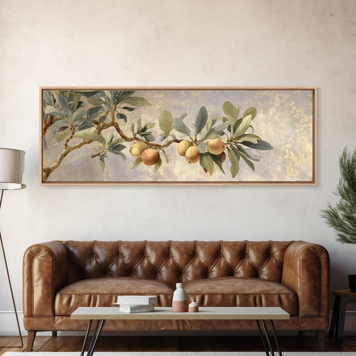 Fig Branch with Fruit and Broad Leaves Framed Canvas Print, Botanical Art, Art, Living Room Decor, Oil Painting, Botanic, BOT-3x1-55