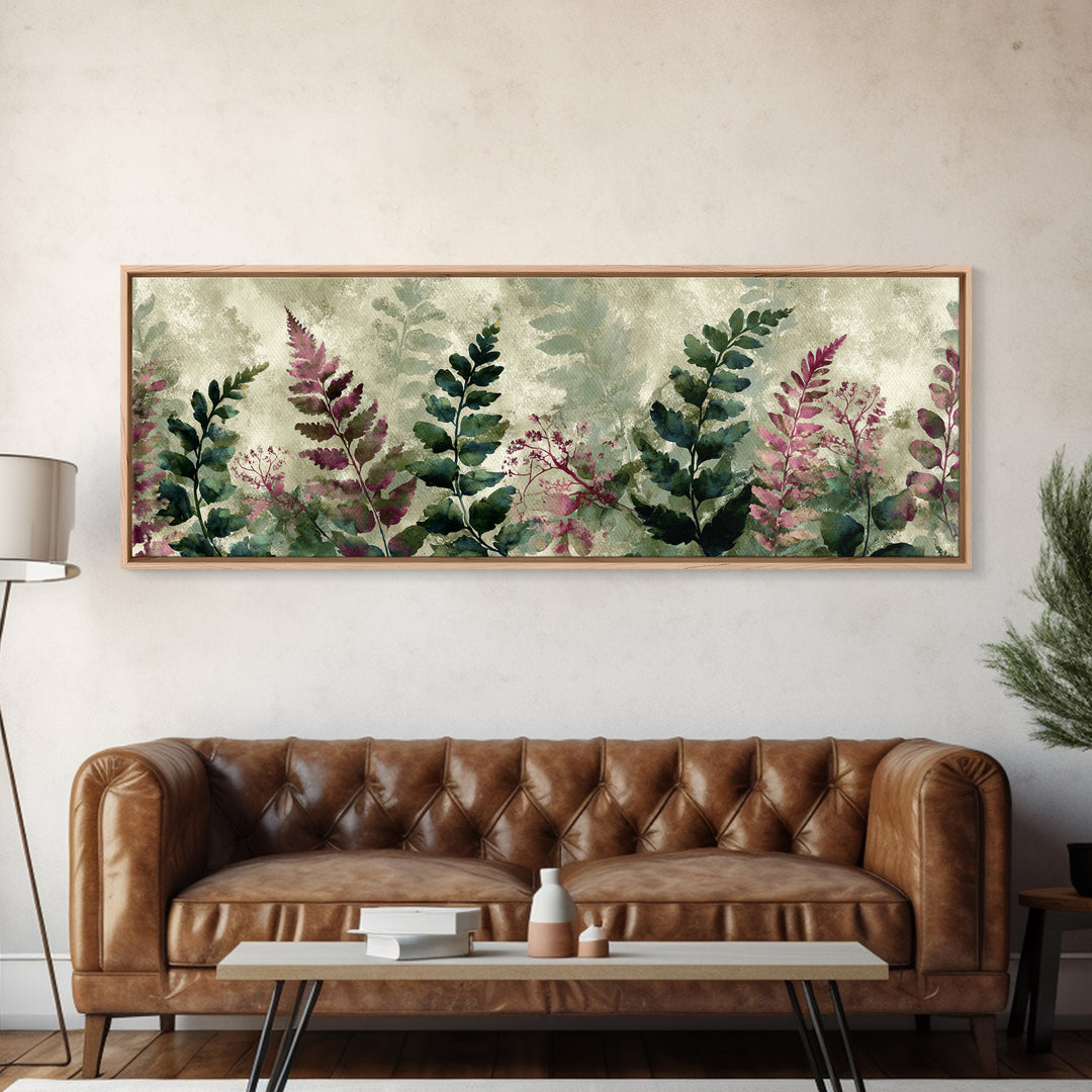 Fern Shadow Pattern on Plaster Surface Framed Canvas Print, Botanical Art, Living Room Decor, Watercolor Art, Botanic, BOT-3x1-63