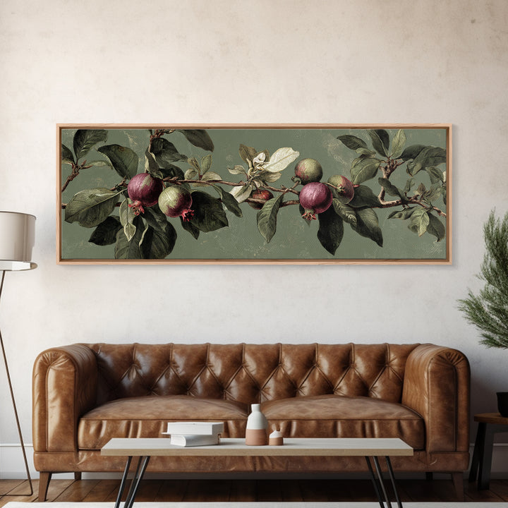 Fig Branch with Fruit and Broad Leaves Framed Canvas Print, Botanical Art, Statement Artwork, Living Room Decor, Botanic, BOT-3x1-7