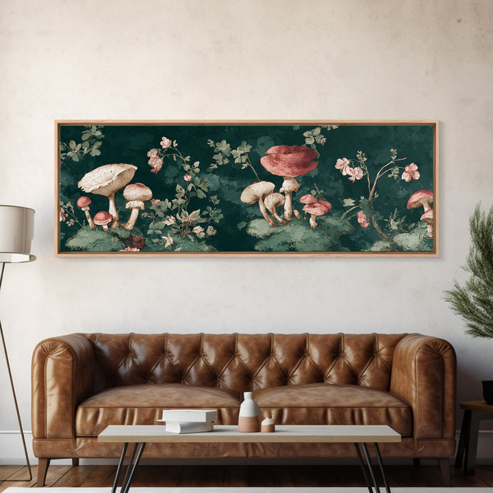 Mushrooms and Moss Botanical Field Study Framed Canvas Print, Botanical Art, Neutral Decor, Living Room Decor, Oil Painting, BOT-3x1-73