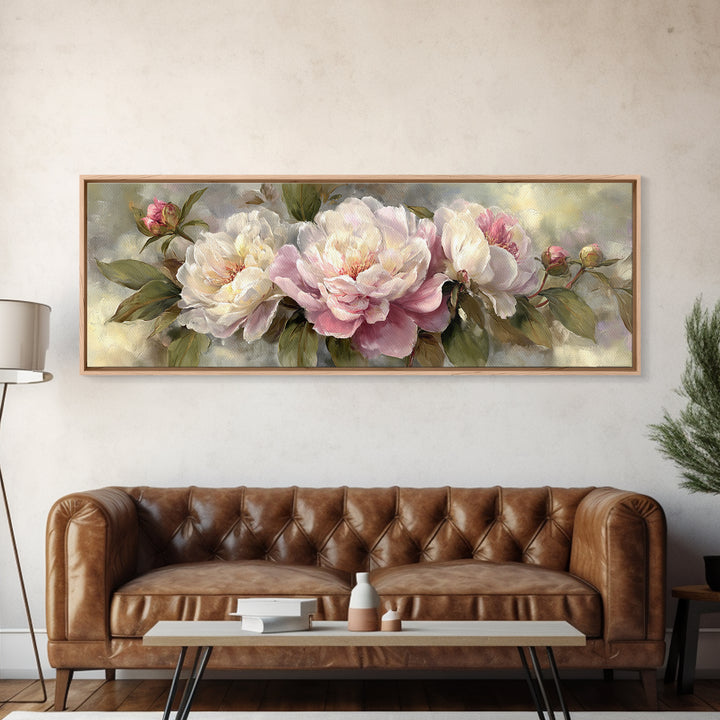Peony Bloom with Layered Romantic Petals Framed Canvas Print, Botanical Art, Living Room Decor, Botanic, Fine Art Print, BOT-3x1-74