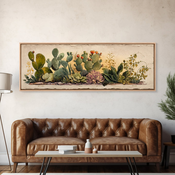 Cactus Botanical Plate Framed Canvas Print, Botanical Art, Sage Green Wall Art, Living Room Decor, Oil Painting, Botanic, BOT-3x1-77
