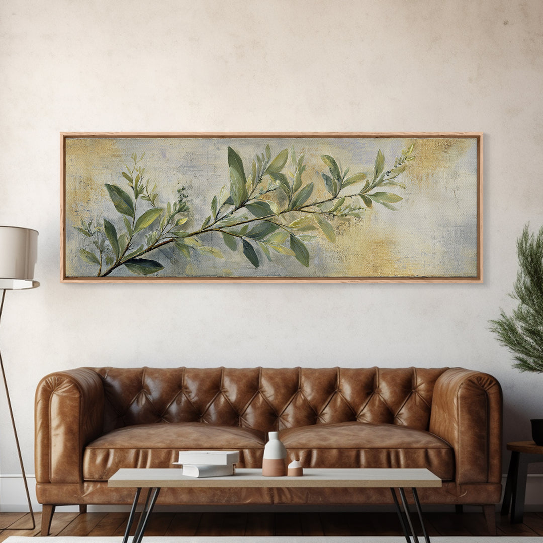 Eucalyptus Stems in Soft Sage Tones Framed Canvas Print, Botanical Art, Living Room Decor, Oil Painting, Botanic, BOT-3x1-99