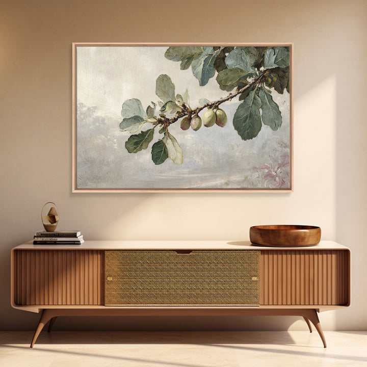 Fig Branch with Fruit and Broad Leaves Framed Canvas Print, Botanical Art, Statement Artwork, Living Room Decor, Botanic, BOT-3x2-19