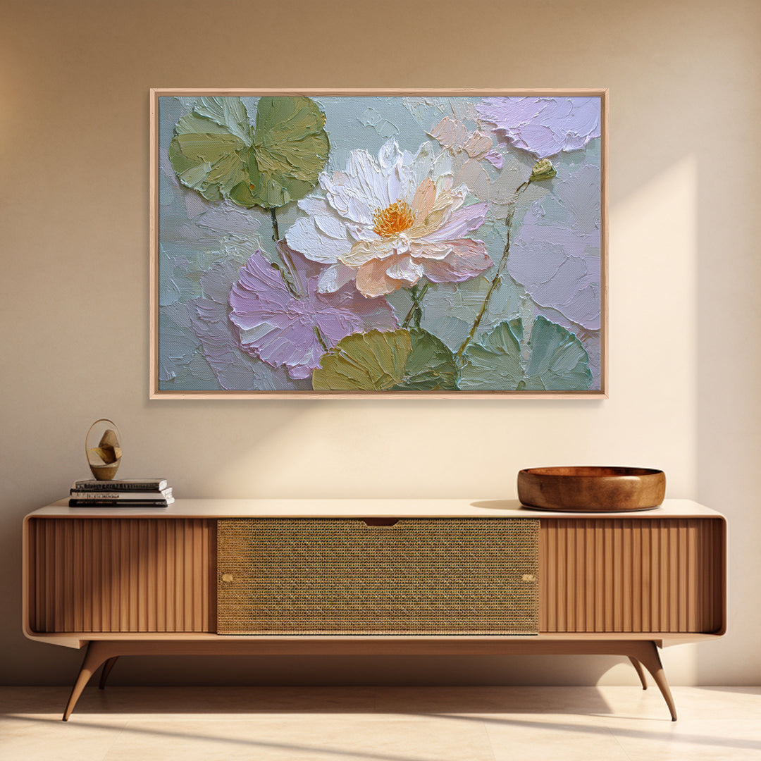 Lotus Flower and Lily Pads on Still Framed Canvas Print, Botanical Art, Living Room Wall Art, Living Room Decor, Botanic, BOT-3x2-71