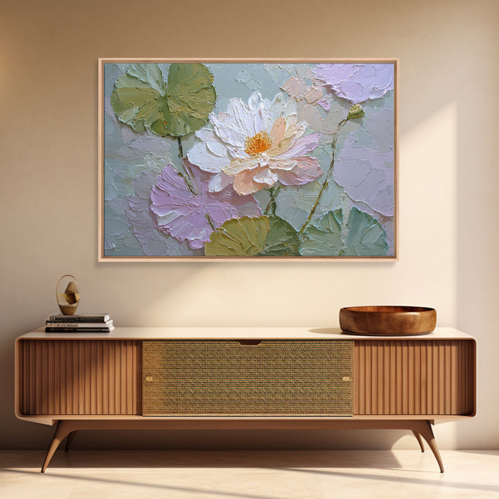 Lotus Flower and Lily Pads on Still Framed Canvas Print, Botanical Art, Living Room Wall Art, Living Room Decor, Botanic, BOT-3x2-71