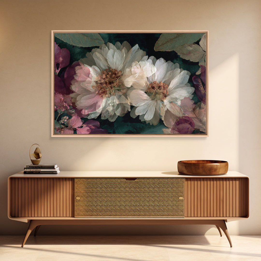 Pressed Flower Collage Framed Canvas Print, Botanical Art, Living Room Decor, Botanic, Fine Art Print, Statement Artwork, BOT-3x2-8