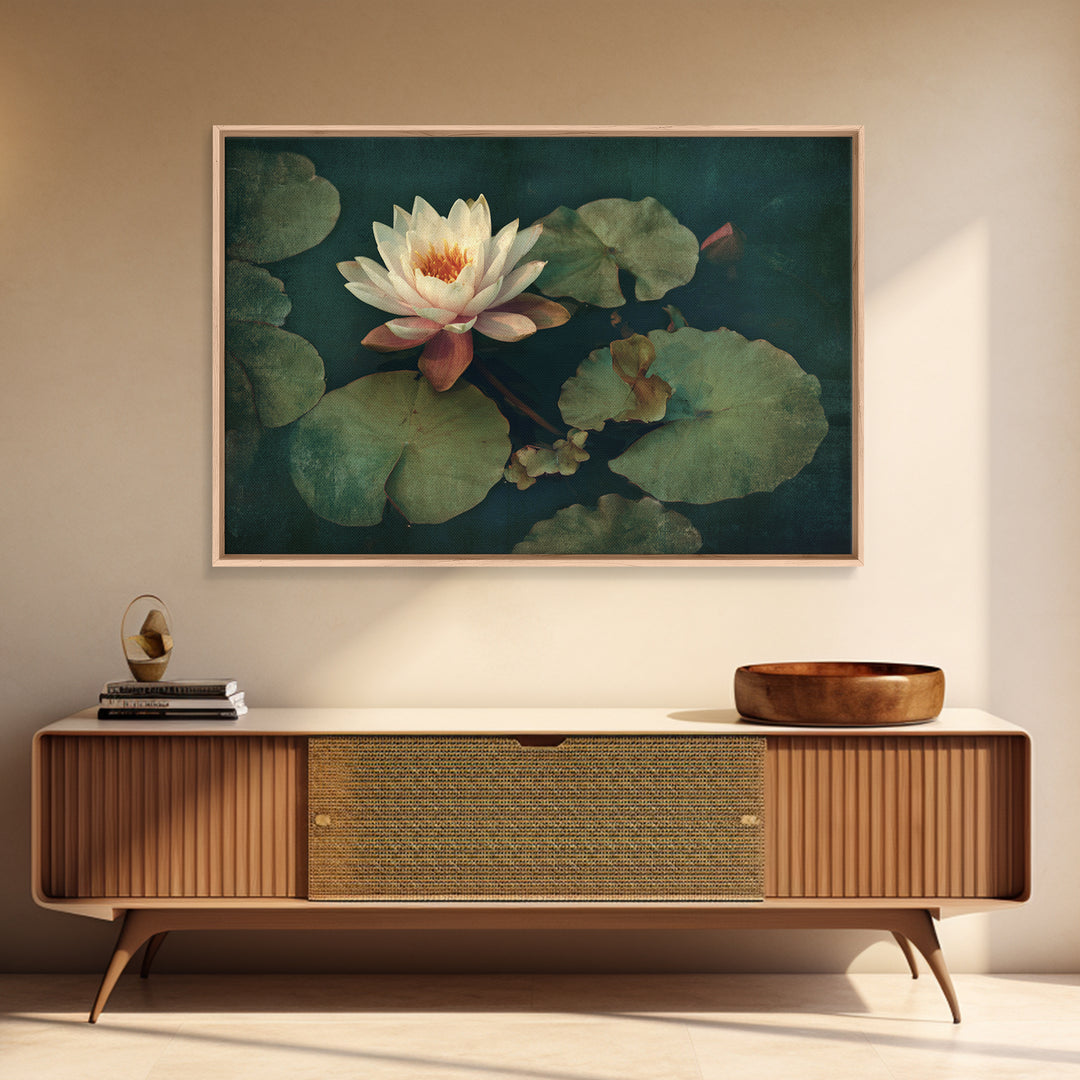 Lotus Flower and Lily Pads on Still Framed Canvas Print, Botanical Art, Living Room Decor, Watercolor Art, Botanic, BOT-3x2-95
