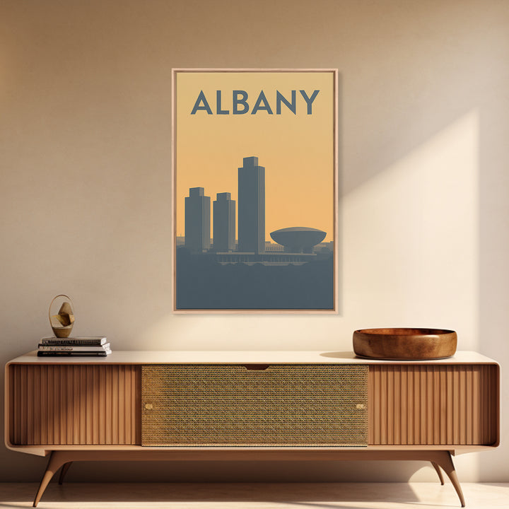 Albany New York Travel Poster, Framed Canvas Print, Sunset Skyline Wall Art, Albany Poster Print, Retro Travel Print, Living Room Wall Art