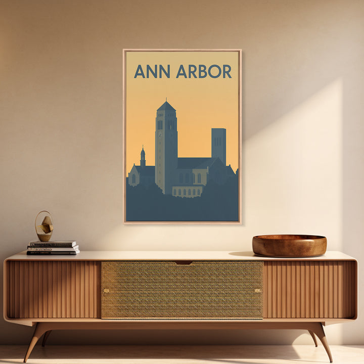 Ann Arbor Travel Poster, Framed Canvas Print, Sunset Skyline Wall Art, Ann Arbor Wall Art, Travel Wall Art, City Illustration, Wall Art