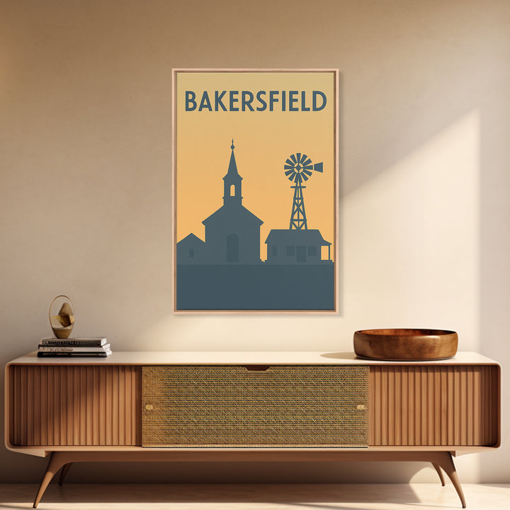 Bakersfield Travel Poster, Framed Canvas Print, Sunset Skyline Wall Art, Bakersfield Wall Art, Wanderlust Decor, Travel Wall Decor