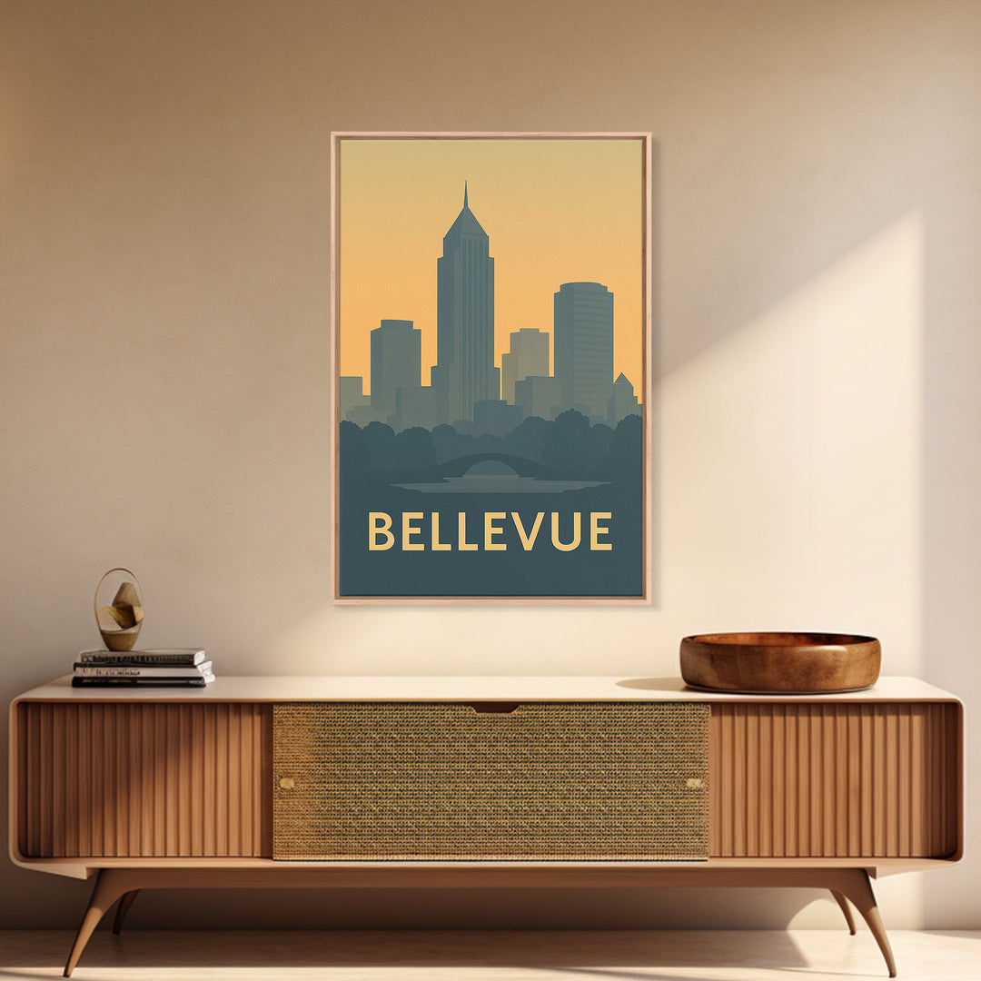 Bellevue Washington Travel Poster, Framed Canvas Print, Minimalist Retro Wall Art, Bellevue City Art, Travel Poster Set, City Art Print