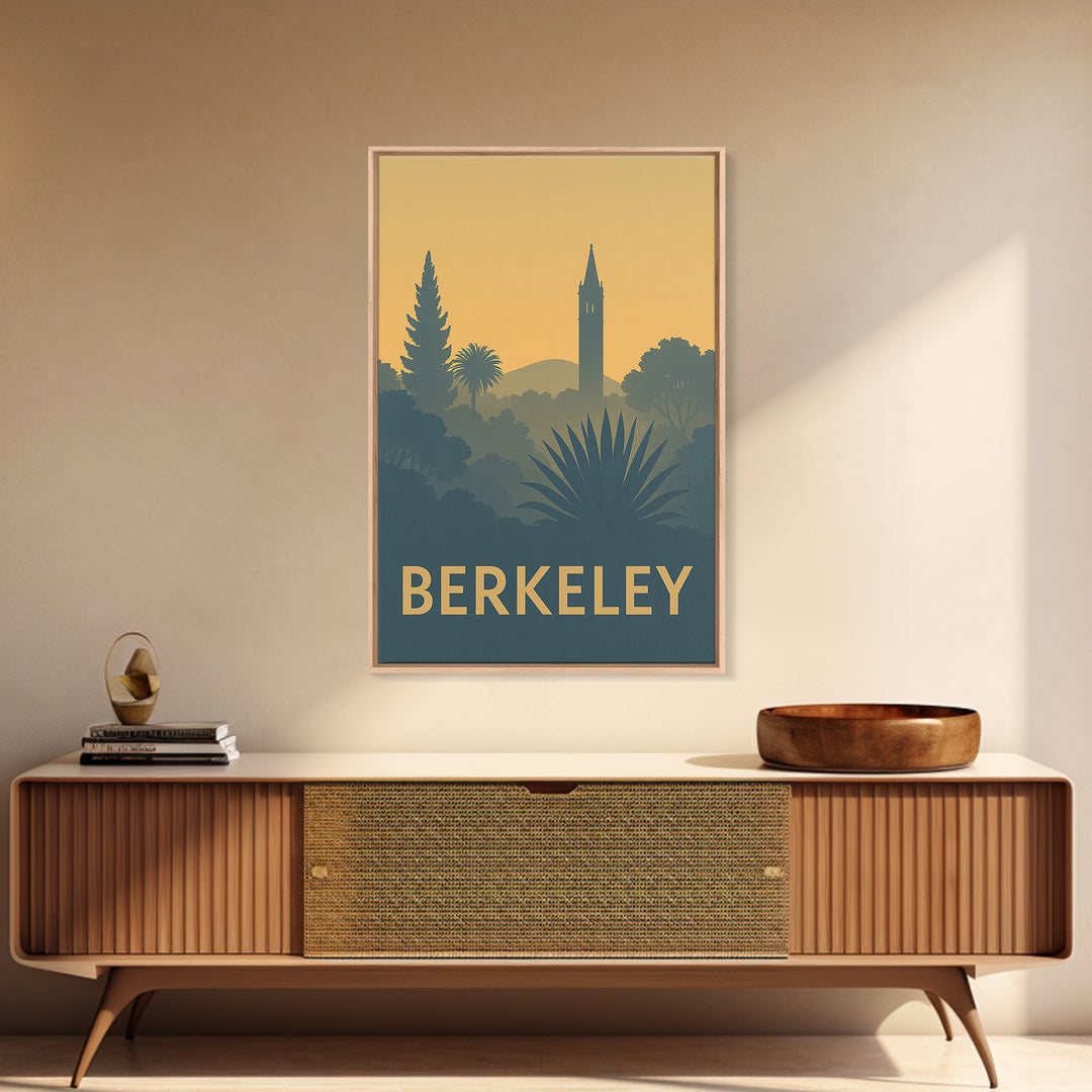Berkeley Travel Poster, Framed Canvas Print, Sunset Skyline Wall Art, Berkeley City Art, Mid Century Wall Art, Vintage City Poster