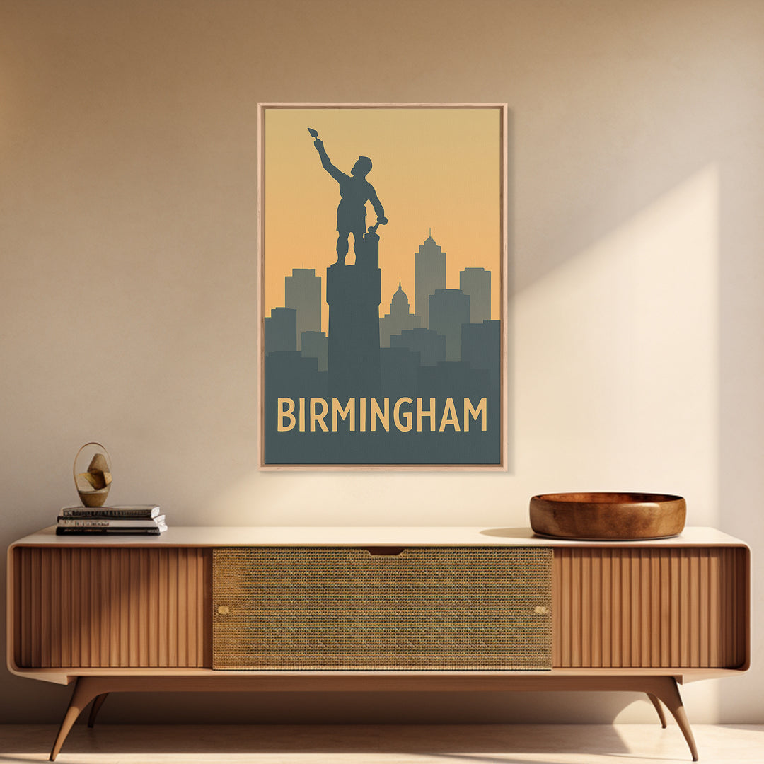 Birmingham Travel Poster, Framed Canvas Print, Sunset Skyline Wall Art, Birmingham Poster Print, City Art Print, Vintage City Art