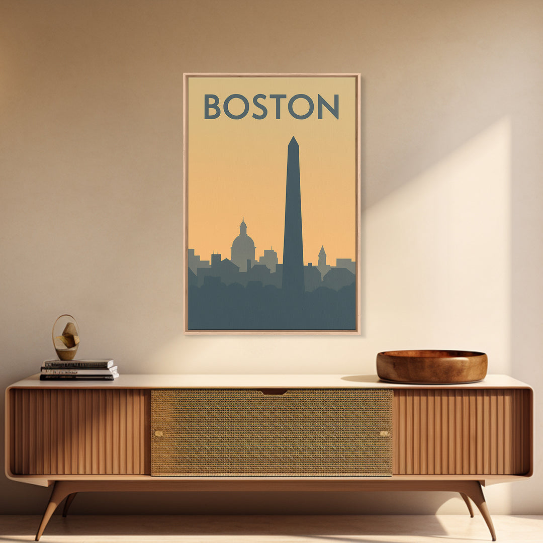 Boston Travel Poster, Framed Canvas Print, Minimalist Retro Wall Art, Boston Wall Art, Wanderlust Decor, Modern Wall Decor, Landscape Art